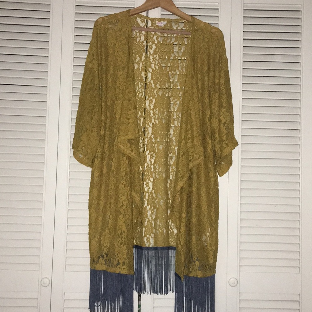 Lularoe Monroe Lace Kimono with Fringe Sz. L